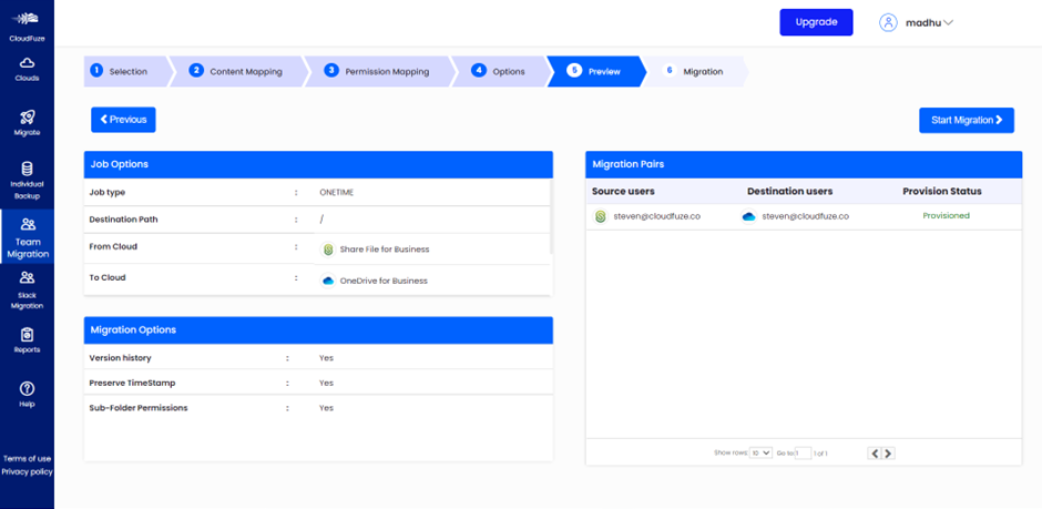 Previewing the migration parameters