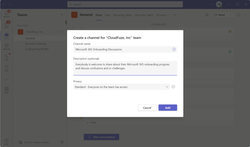 Creating a channel in Microsoft Teams