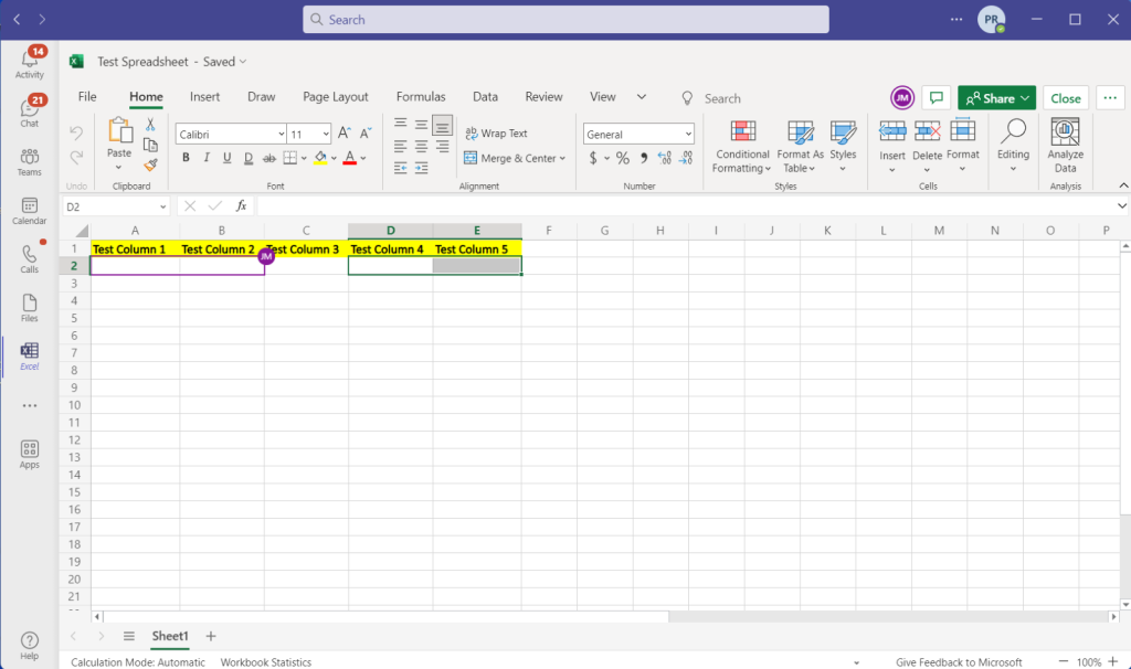 Excel sheet collaboration in Microsoft Teams 