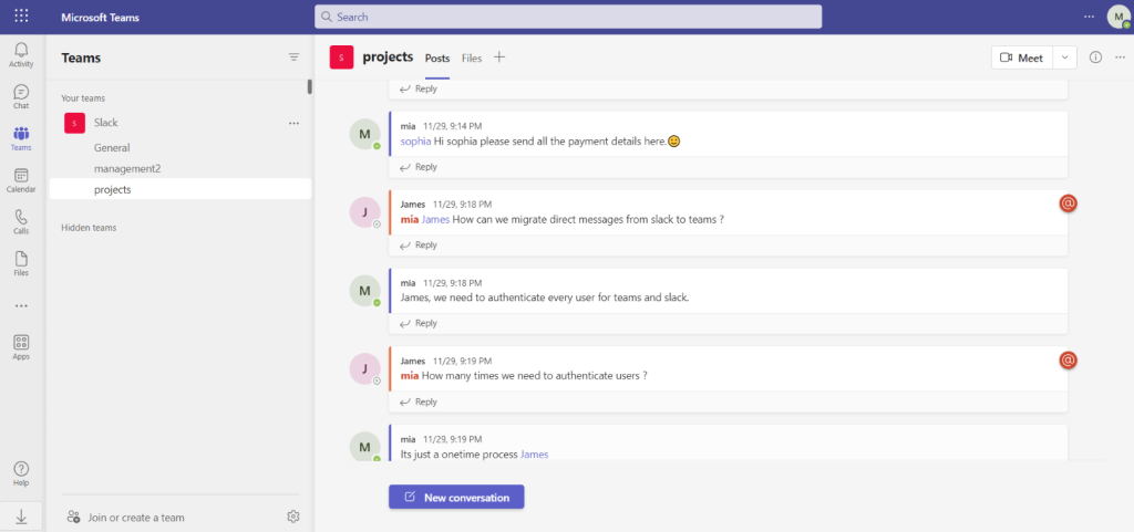Migrated Slack messages in Microsoft Teams