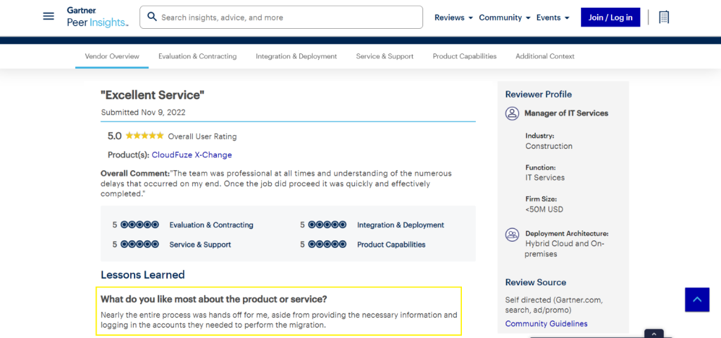 Gartner Review of CloudFuze X-Change migration tool