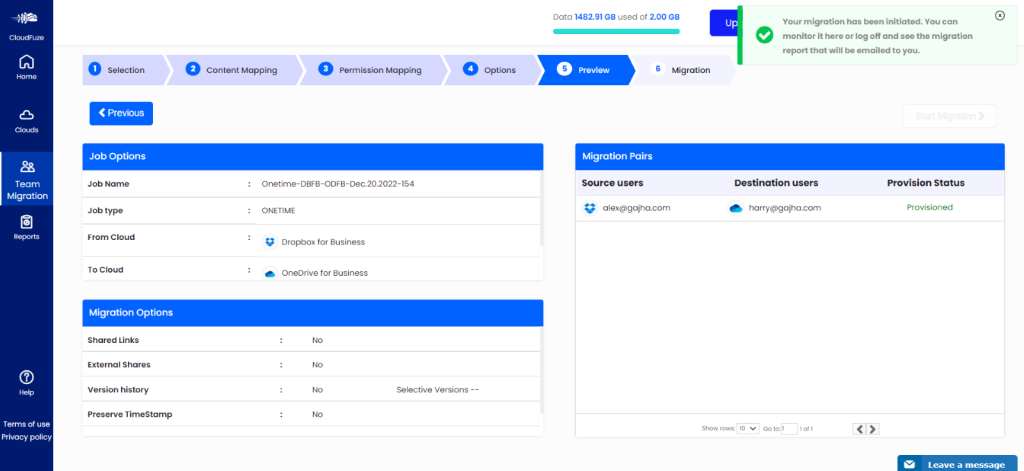 Redirection to reports after starting the migration in CloudFuze webapp