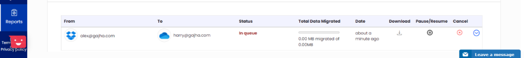 CloudFuze webapp’s In-queue status 