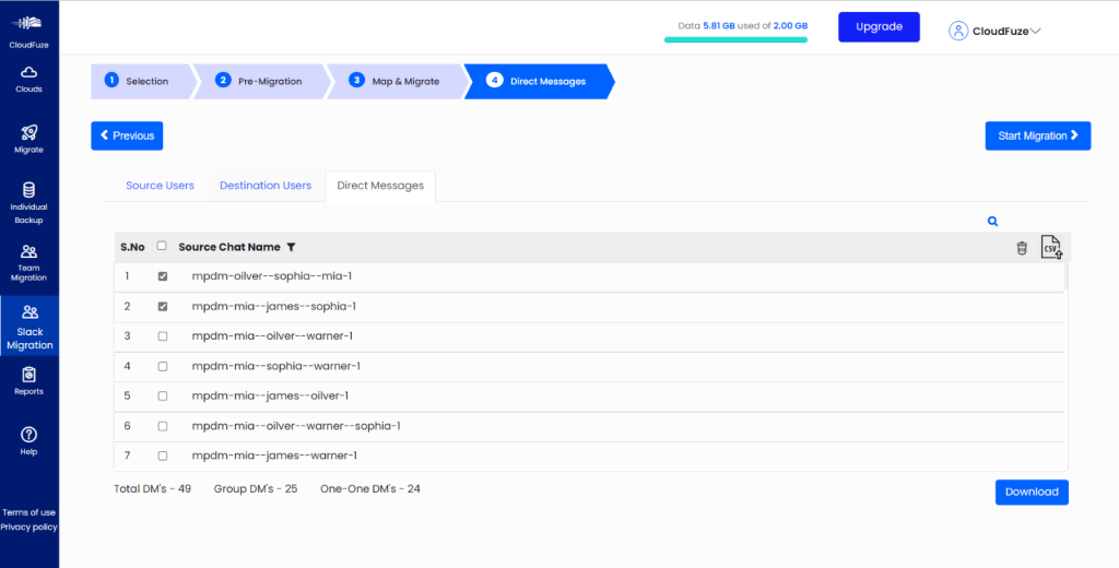 Choosing Slack DMs to migrate in CloudFuze 