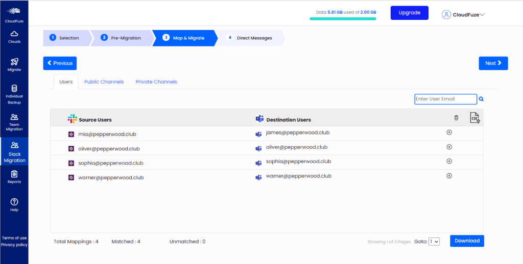 CloudFuze Slack to Teams CSV mapping