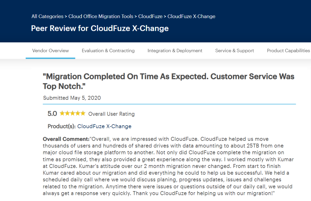 CloudFuze Box to Office 365 migration Gartner Review 