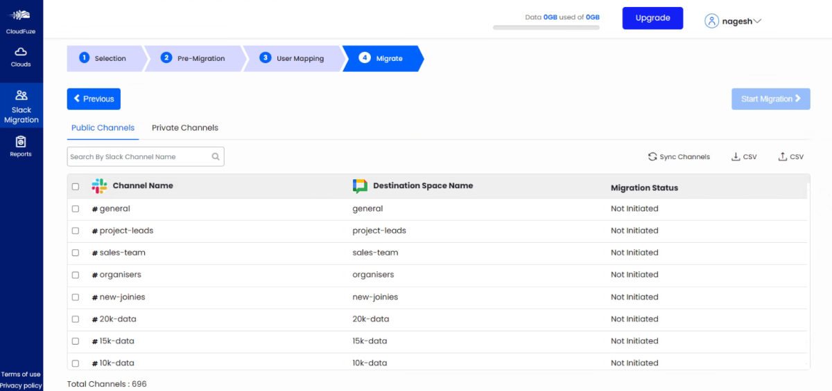 Select Channels to Migrate