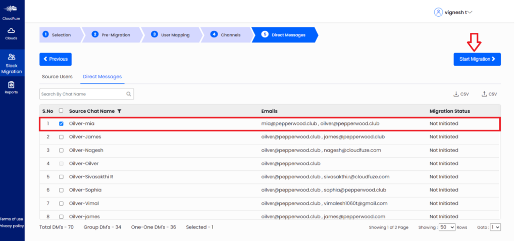 Select users chat to migrate under Direct Messages and Start Migration