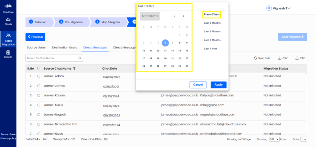 Date Range for Slack Direct Messages 