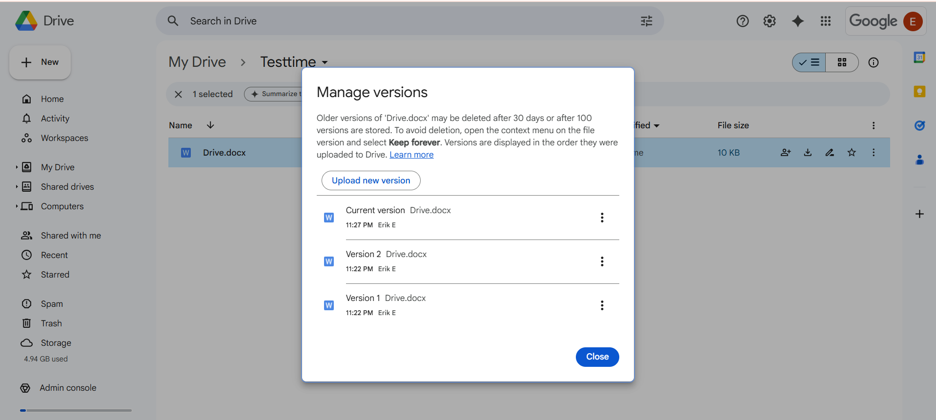 Google Drive-Manage Versions