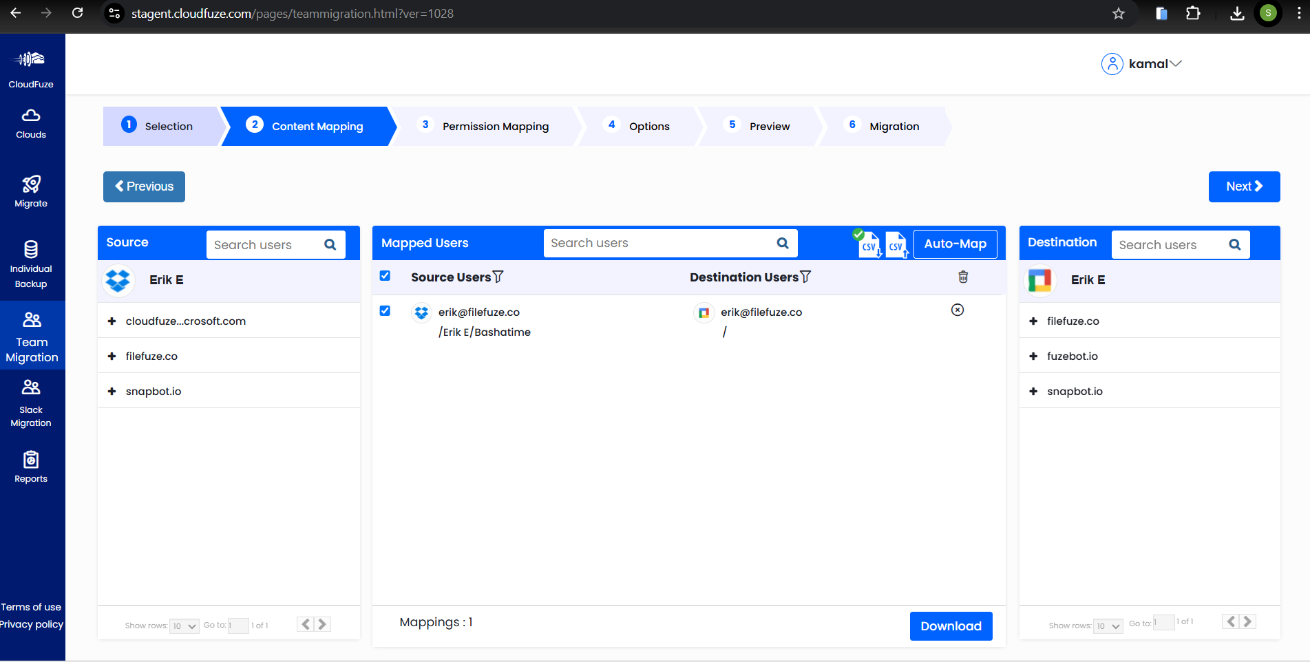 CSV-based user mapping interface in CloudFuze migration tool