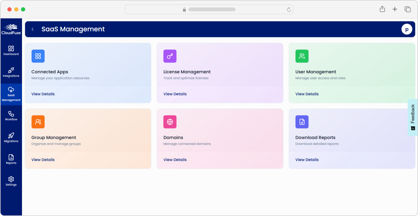 CloudFuze Manage SaaS Management panel