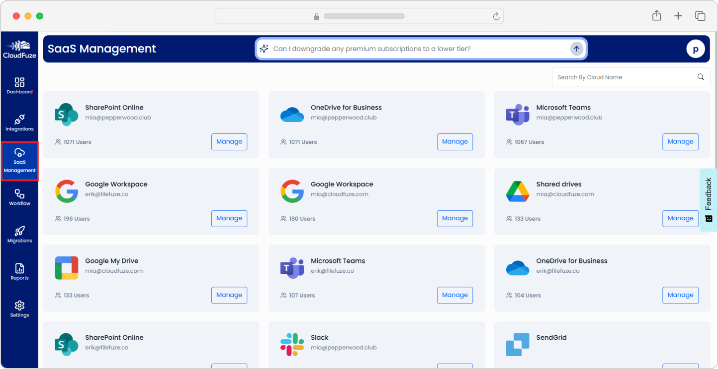 CloudFuze Manage SaaS Management panel