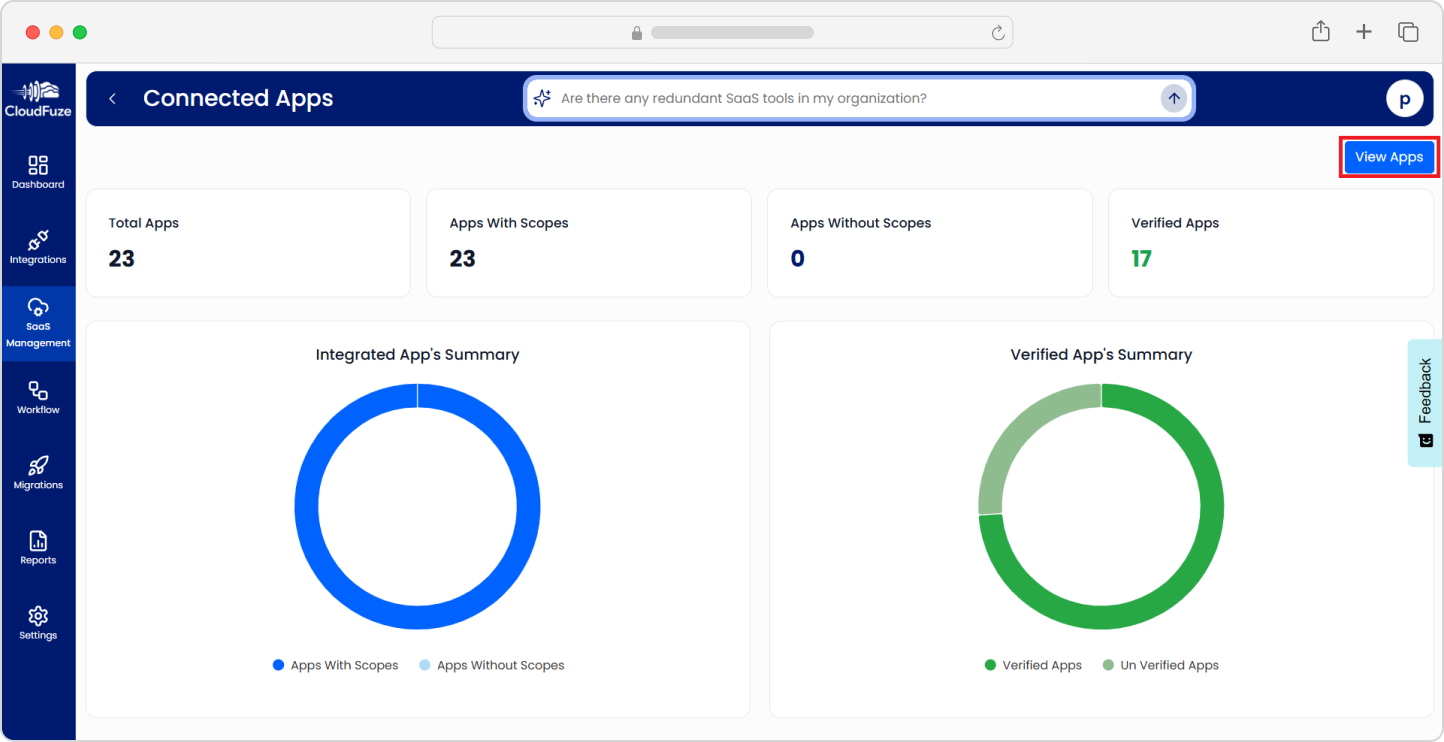 Connects Apps dashboard of CloudFuze Manage