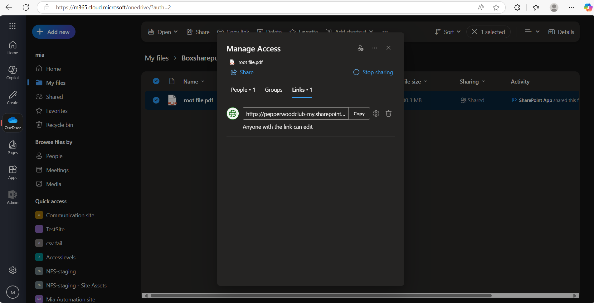 Box files migrated to OneDrive along with shared links via our tool
