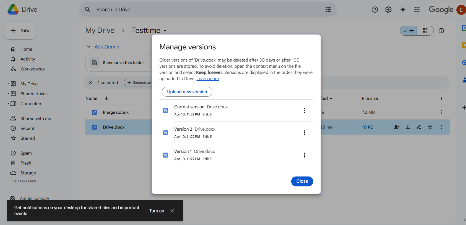 Destination Version History After Migration (Google Drive)