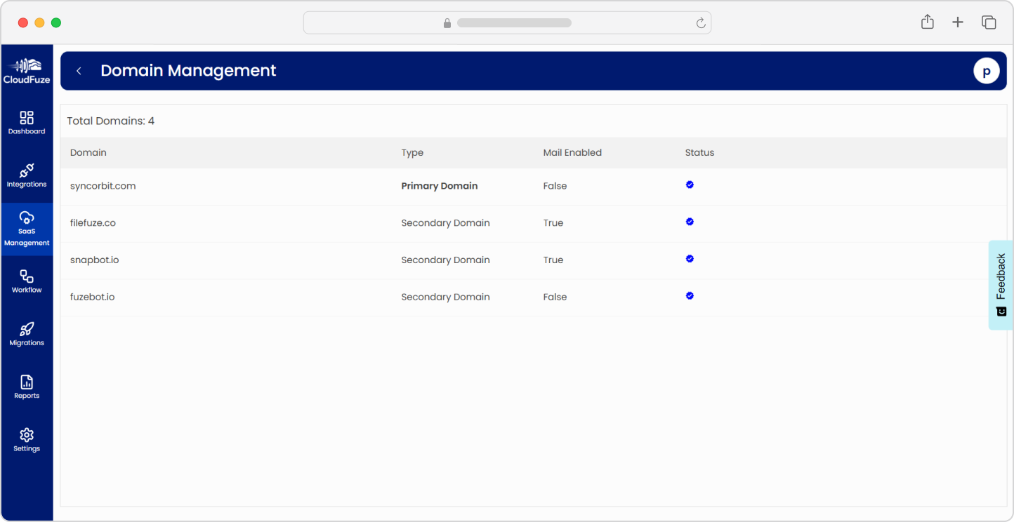 Domain management with CloudFuze Manage-Dashboard