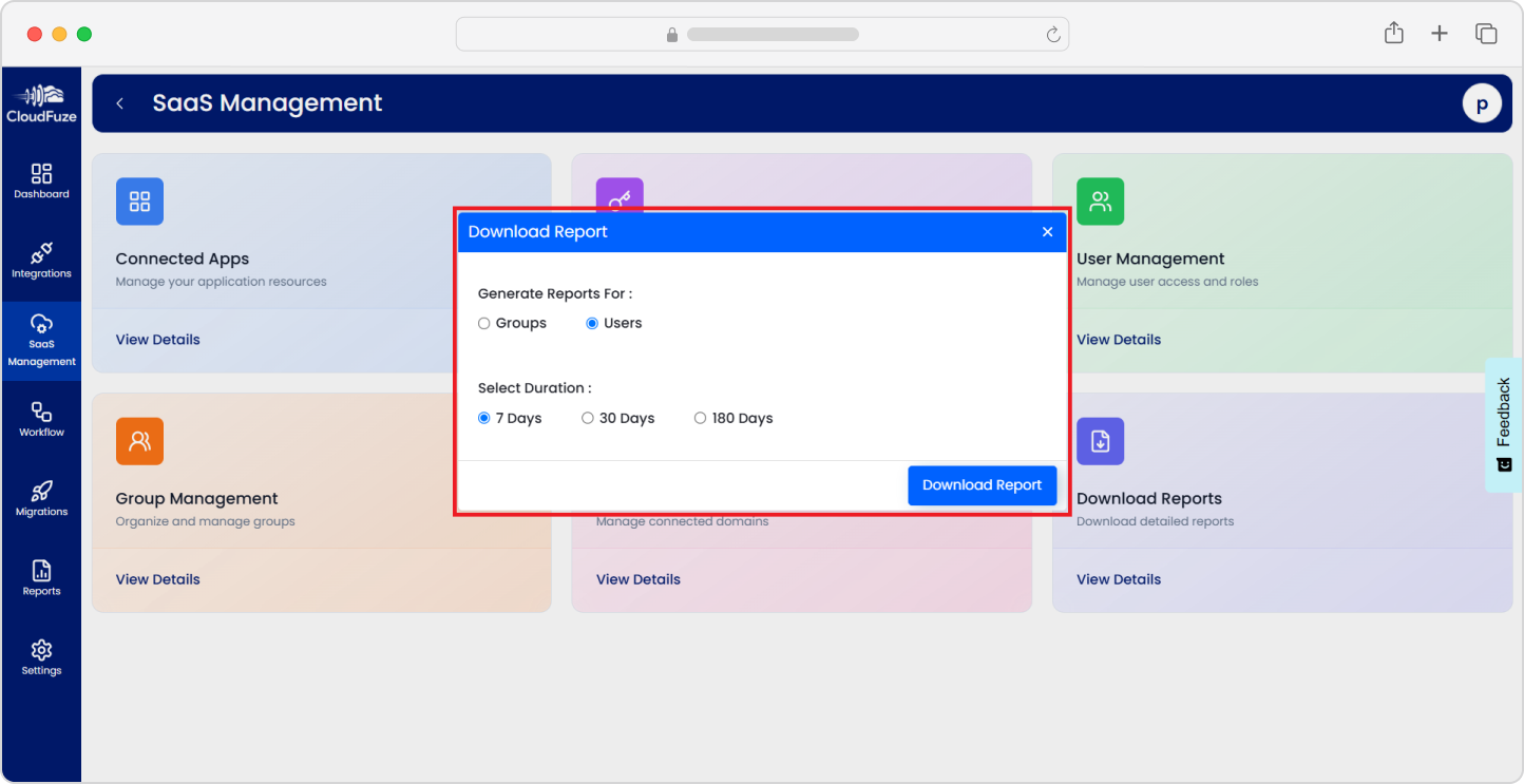 Download SaaS management reports-filter popup