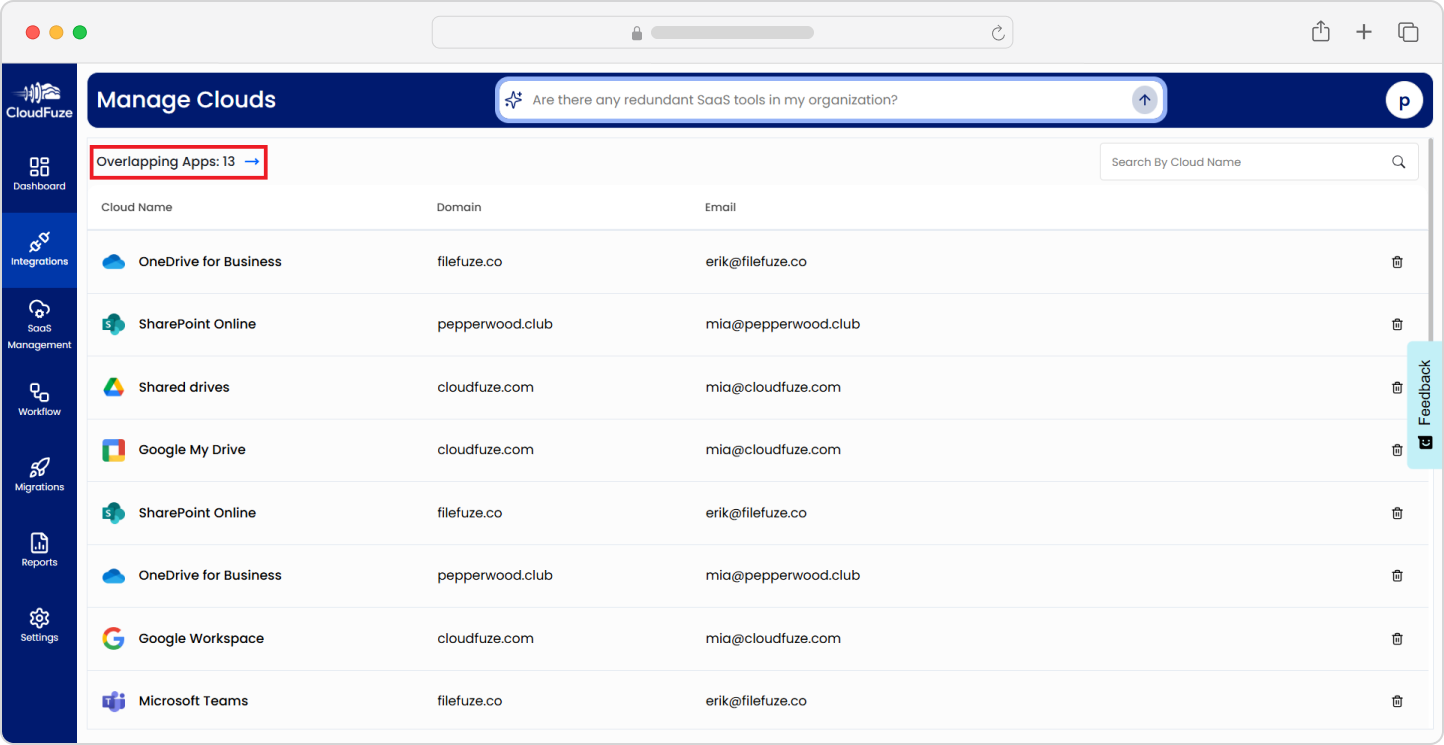 Exploring total apps in CloudFuze Manage