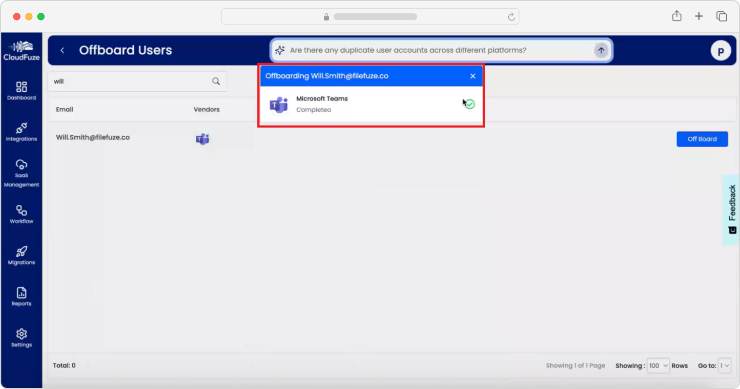 Offboarding users with CloudFuze Manage-Completed status