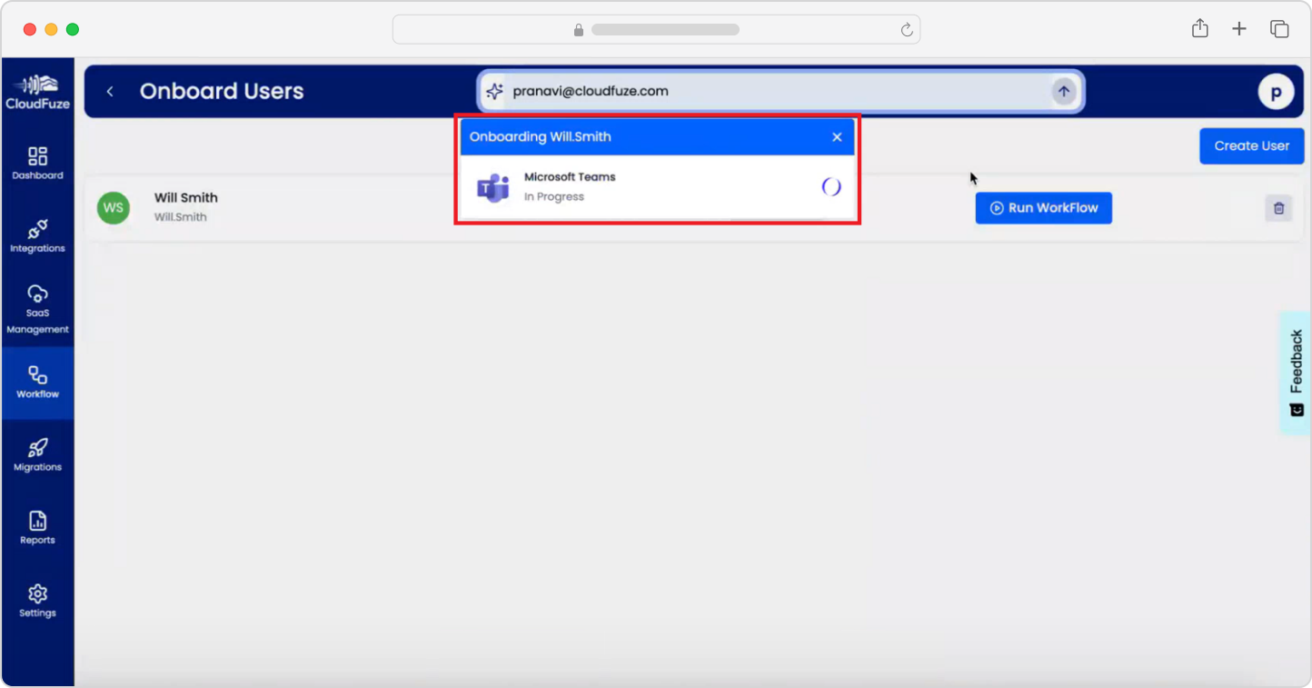 Onboarding users with CloudFuze Manage-Inprogess status