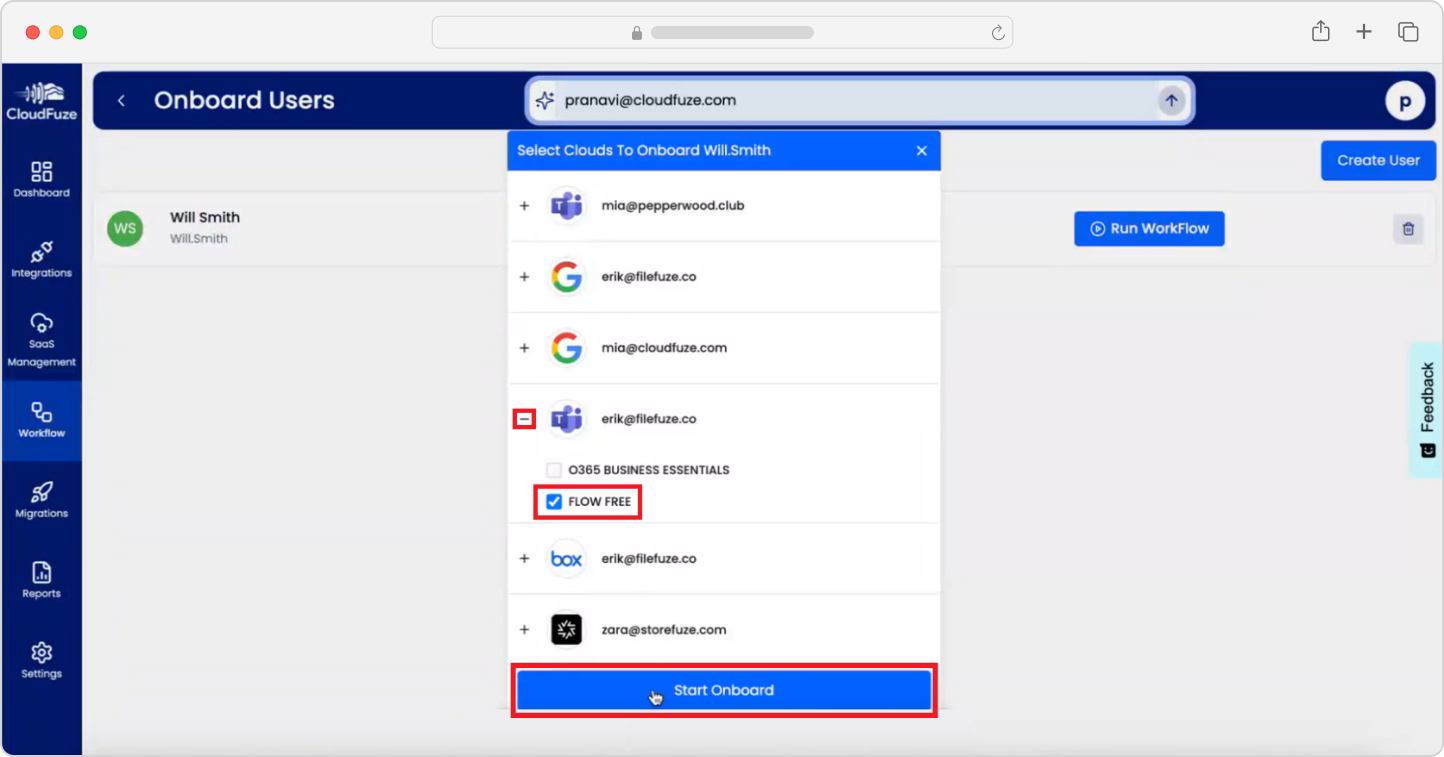 Onboarding users with CloudFuze Manage-Start Onboard