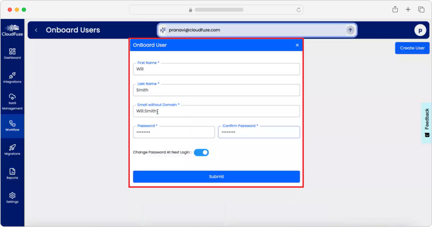 Onboarding users with CloudFuze Manage-User Creation Form
