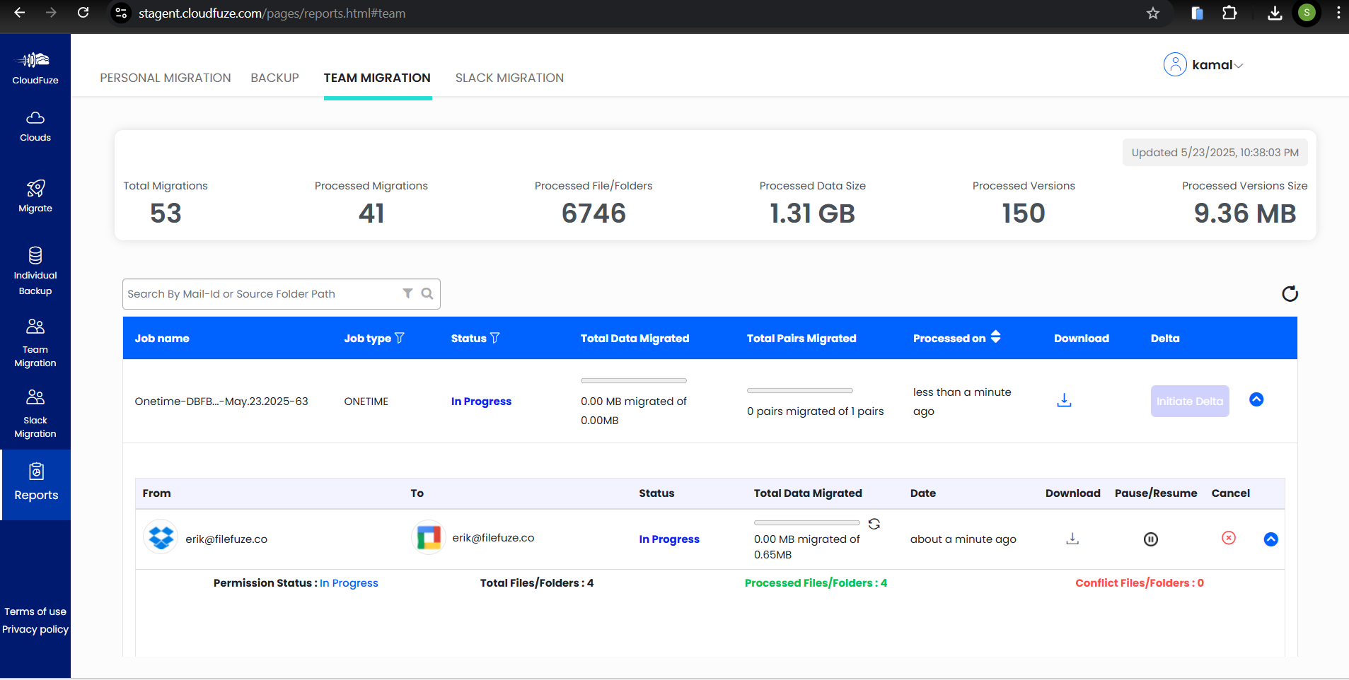 Real-time migration dashboard tracking Dropbox to Google Drive transfer
