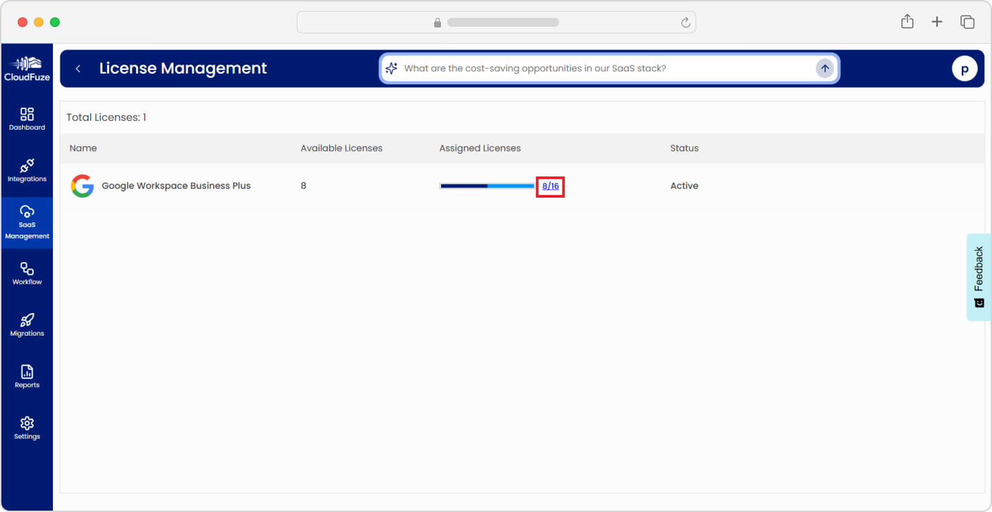 SaaS license management in CloudFuze Manage