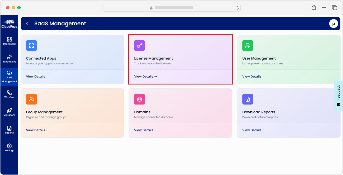 SaaS license management in CloudFuze Manage