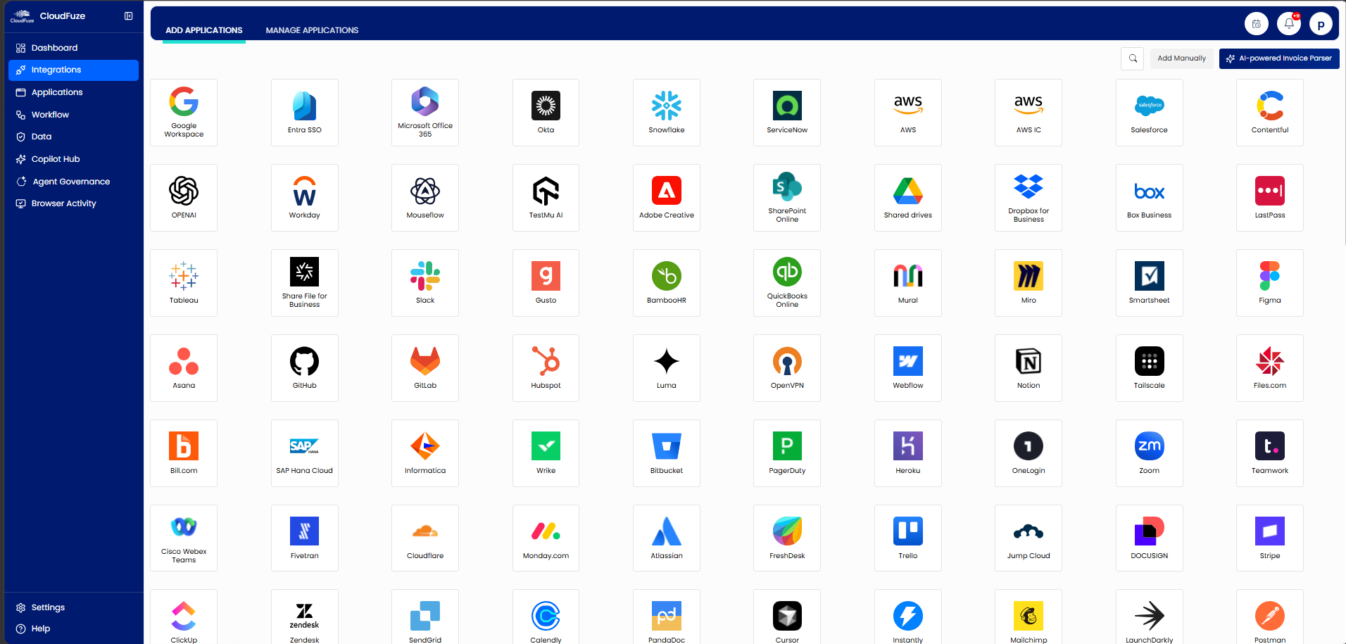 CloudFuze Manage: Integrations Tab
