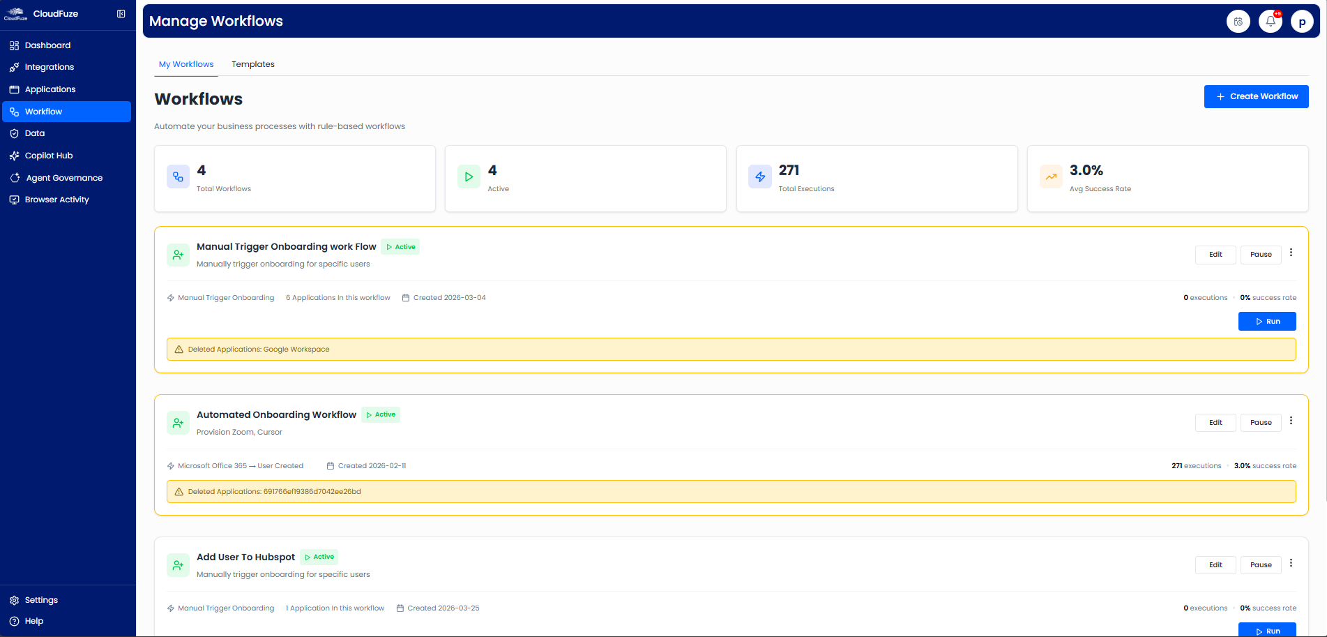 CloudFuze Manage: Workflow Tab