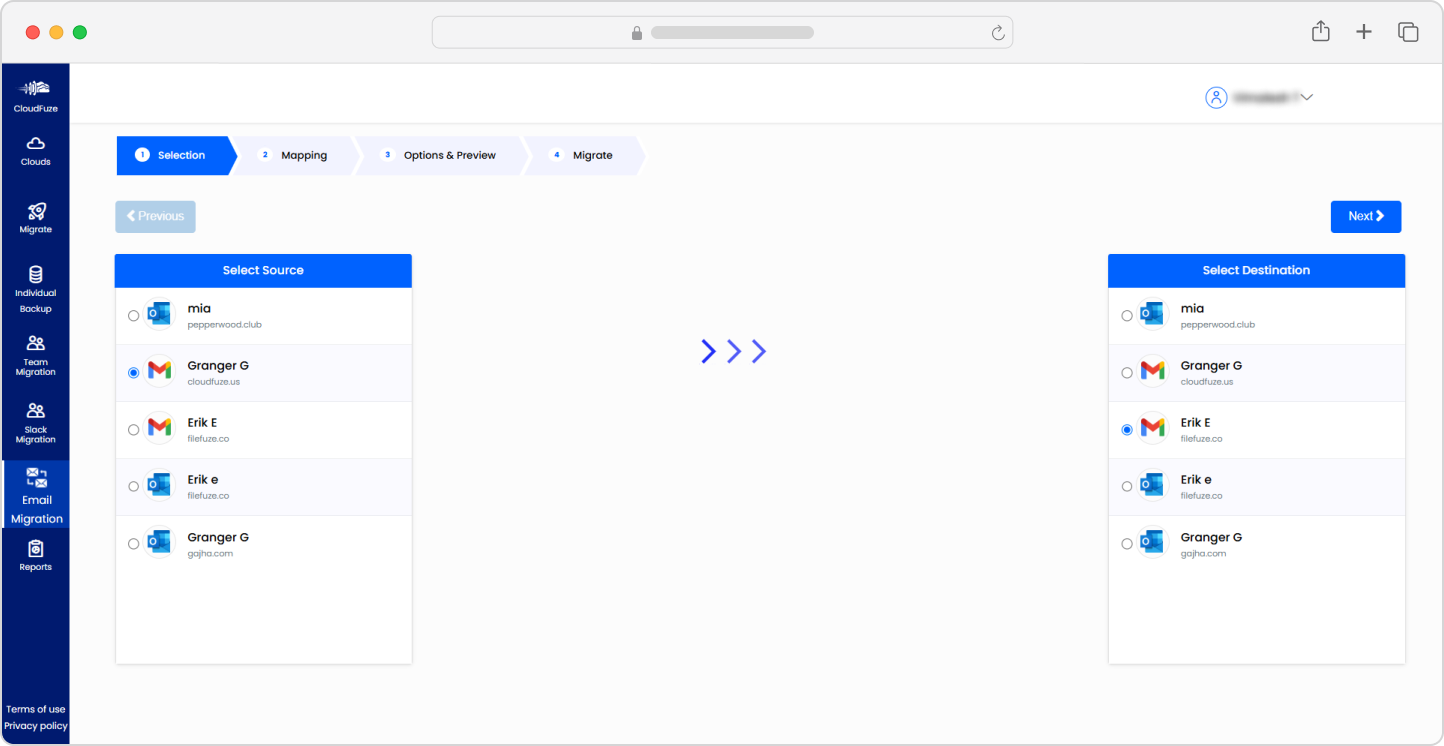 Gmail Source and Destination selection