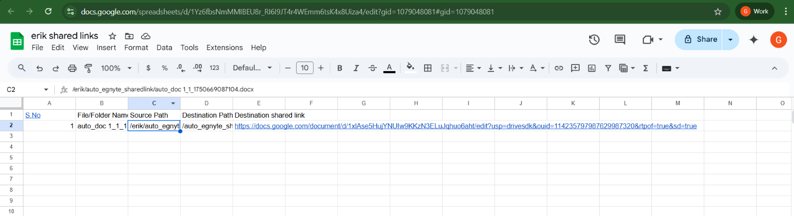 Image depicts the file name along the shared link within the shared link CSV