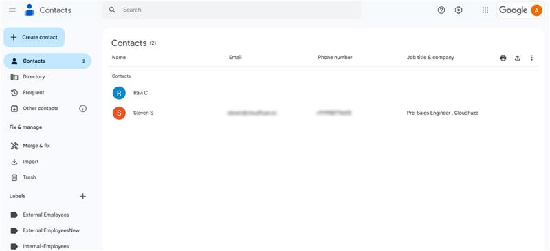 Google Contacts Before Migration