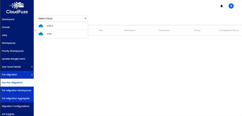 Pre-Migration Workspace status view