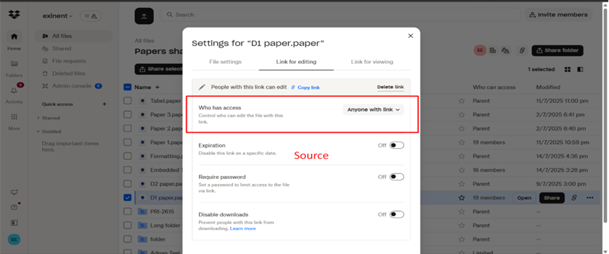 Dropbox files with shared links with edit access permissions