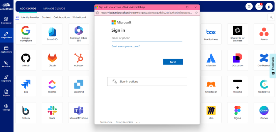 Sign in and connect your Microsoft 365 account with CloudFuze Manage