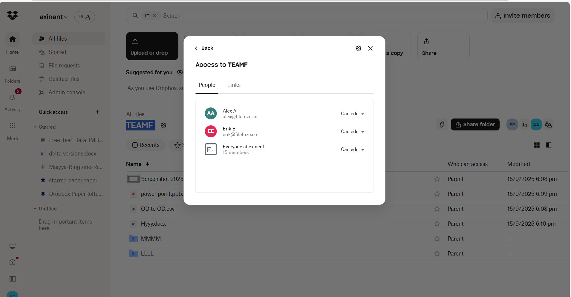 Team folder sharing in Dropbox
