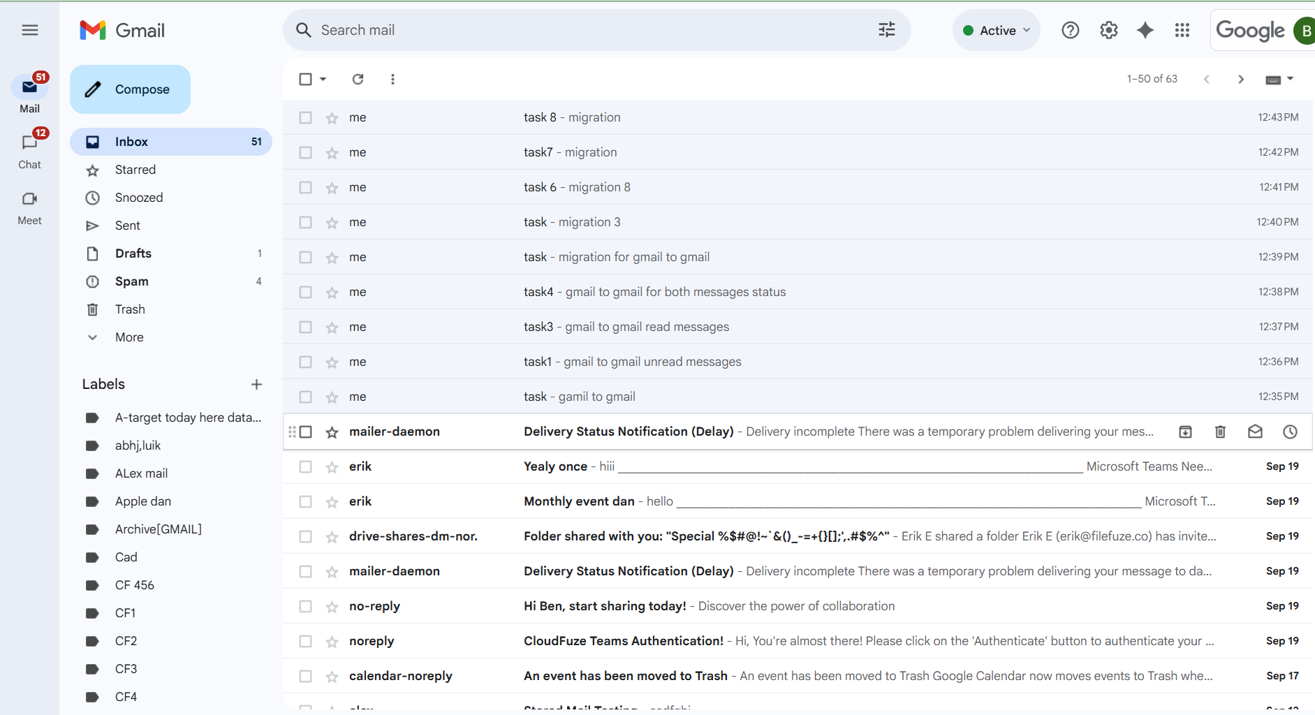 Before Migration of Emails from Gmail to Gmail with Unread and Read Status