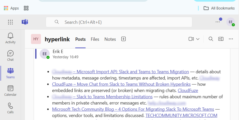 Below image shows hyperlinks in Microsoft Teams
