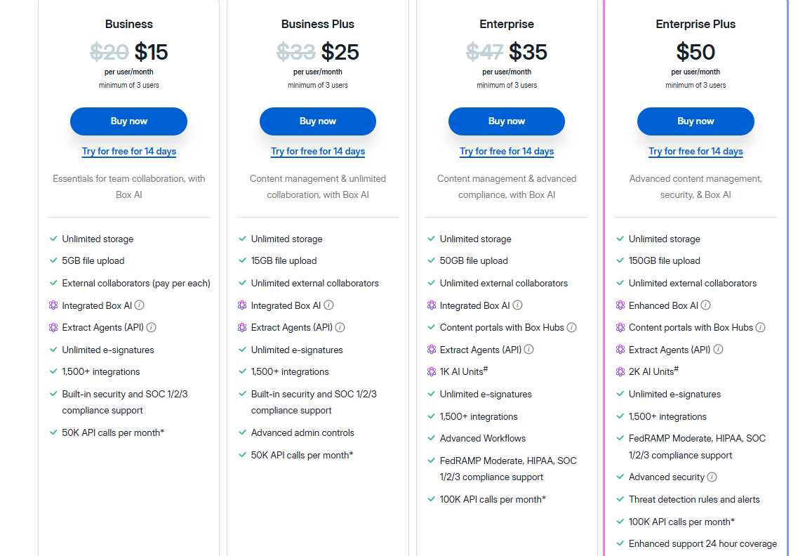 Box plans and pricing