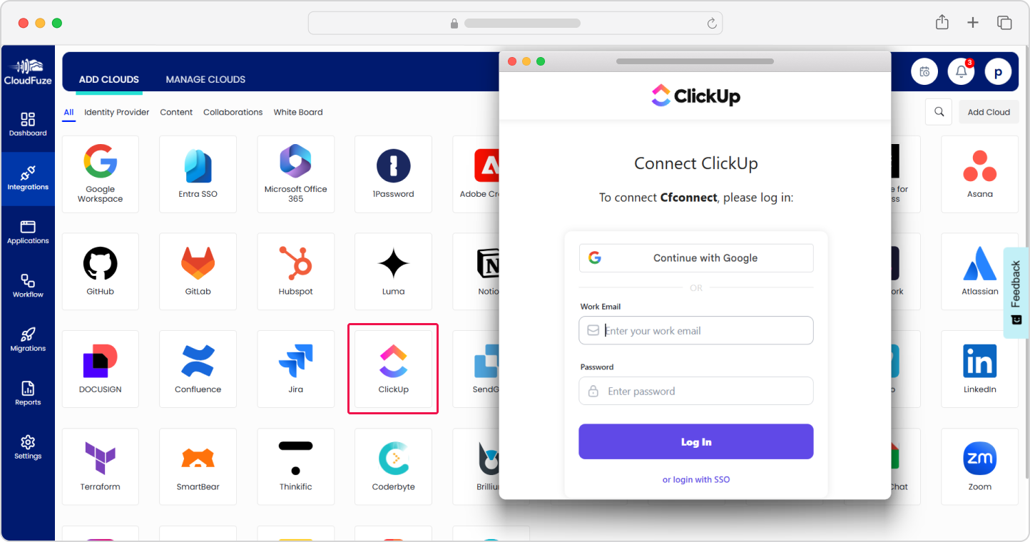 CloudFuze Manage's Integration with ClickUp cloud 