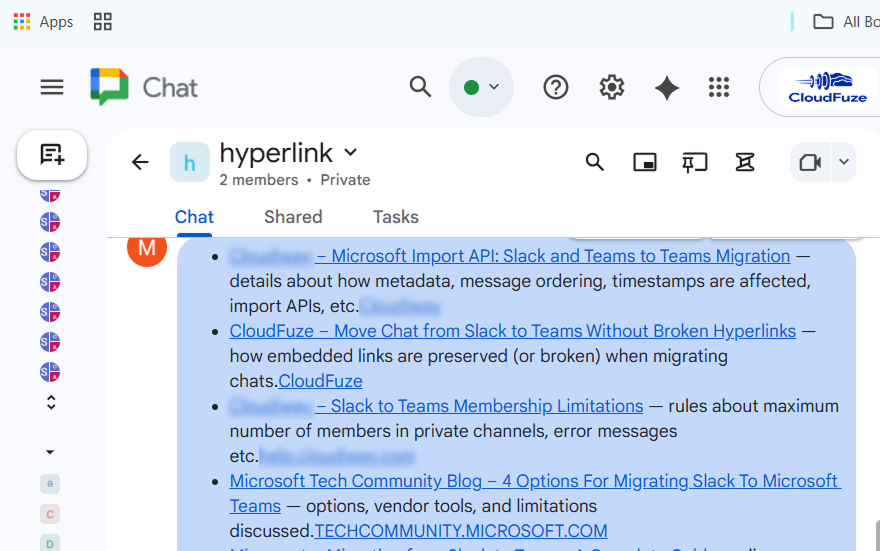 Hyperlinks migrated from Teams to Google Chat using our migration tool