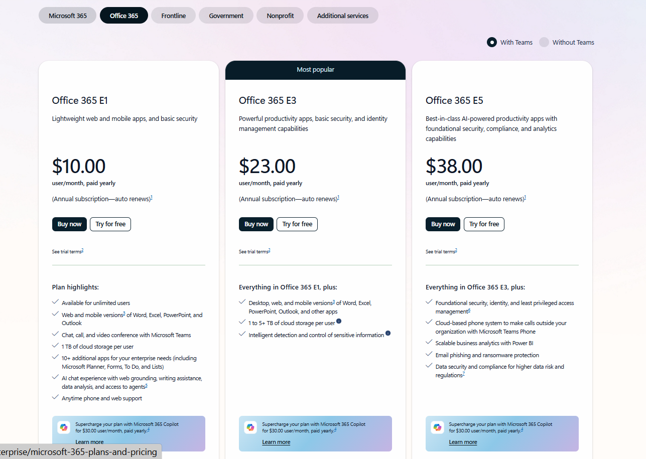 Office 365 plans and pricing with Teams