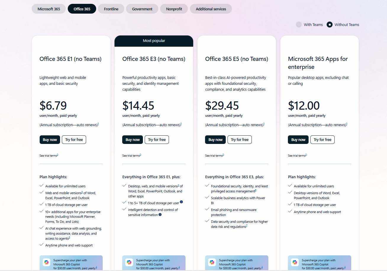 Office 365 plans and pricing without Teams