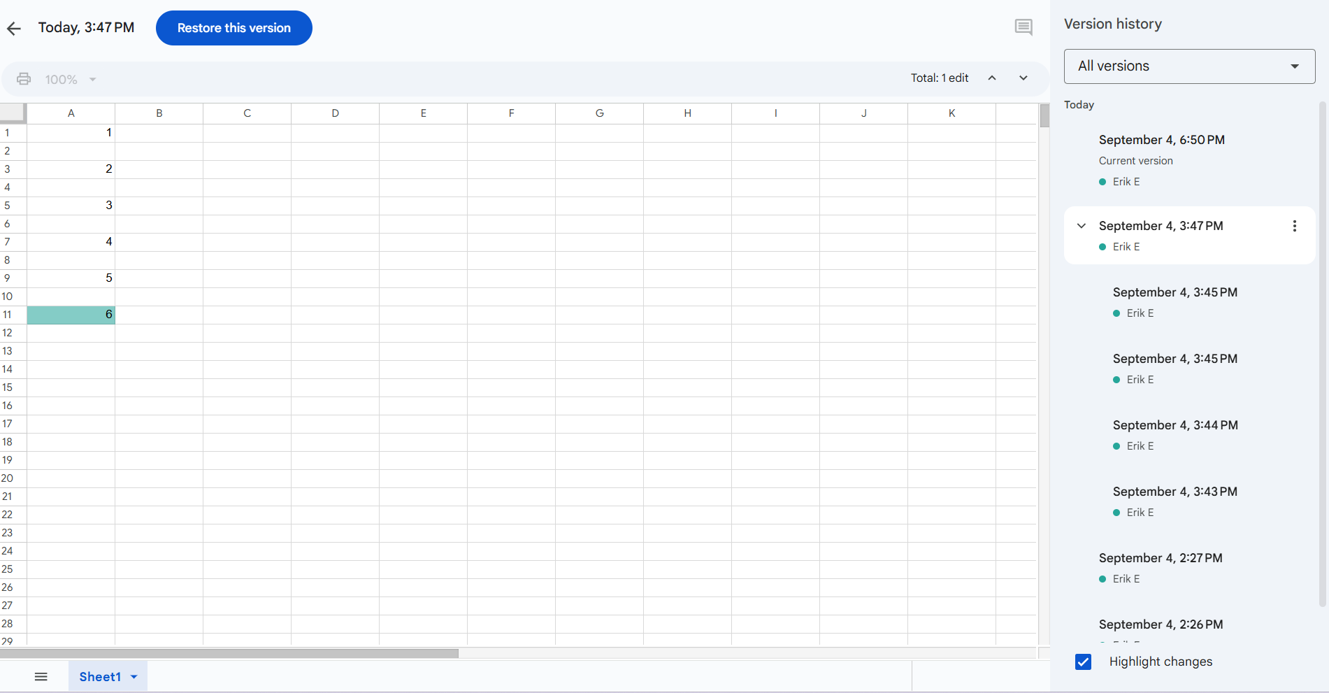 Various versions of a Google Document file in Google My Drive 