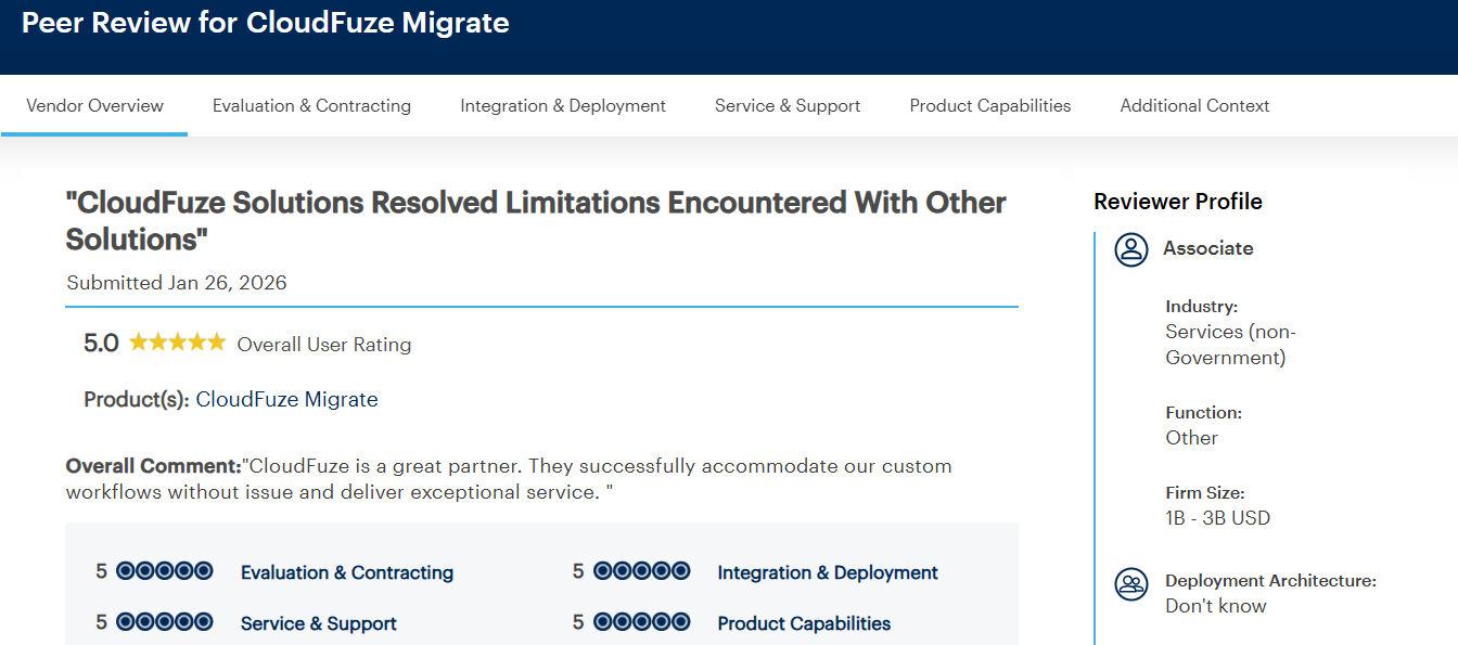 Gartner reviews on CloudFuze Migrate