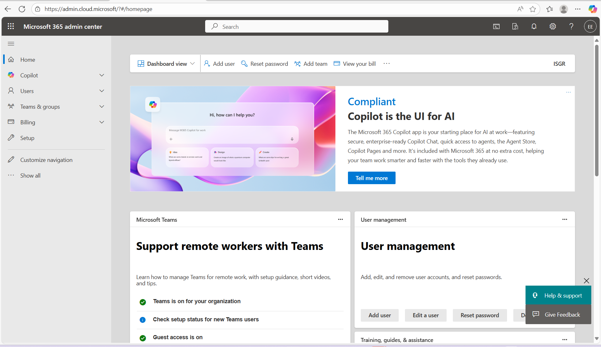 Microsoft 365 Admin Center homepage