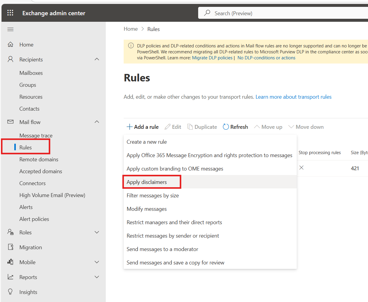 Creating a mail flow rule with disclaimer